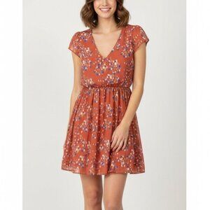 Everly Size S Rust Pink Polka Dot Printed Short Sleeve V-Neck Mini A-Line Dress